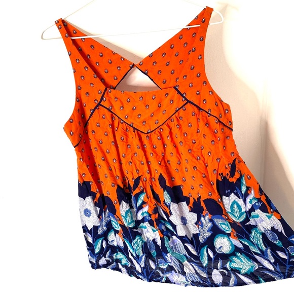Anthropologie Maeve Orange Blue Dot Combo Boho Print Cut-Out Sleeveless Blouse - Picture 4 of 9